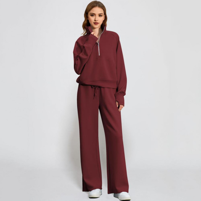 2 Pcs/Set Women Top Pants Set Half Zipper Turn-down Collar Long Sleeves Sweatshirt Elastic Waist Wide Leg Sweatpants Sport Outfit Autumn Casual Tracksuit