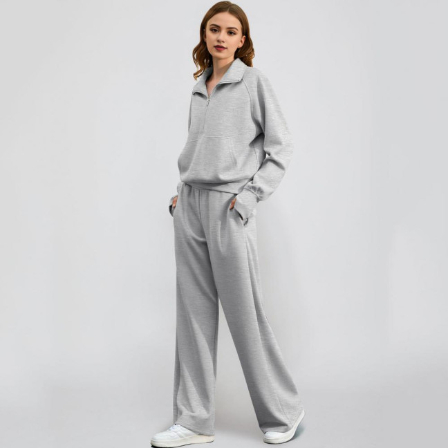 2 Pcs/Set Women Top Pants Set Half Zipper Turn-down Collar Long Sleeves Sweatshirt Elastic Waist Wide Leg Sweatpants Sport Outfit Autumn Casual Tracksuit