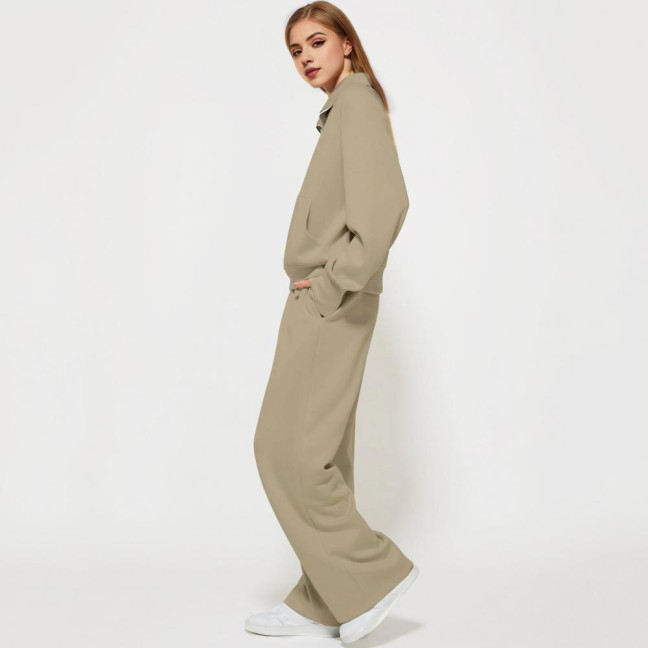 2 Pcs/Set Women Top Pants Set Half Zipper Turn-down Collar Long Sleeves Sweatshirt Elastic Waist Wide Leg Sweatpants Sport Outfit Autumn Casual Tracksuit