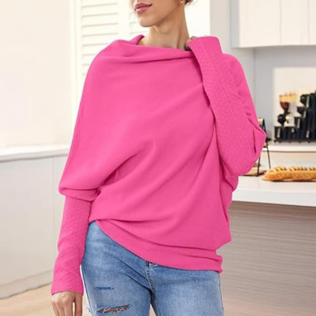 Women Pullover Tops Round Neck Long Sleeve Casual Loose Fit Tops Solid Color Stretchy Casual T-shirt