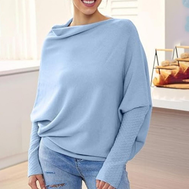 Women Pullover Tops Round Neck Long Sleeve Casual Loose Fit Tops Solid Color Stretchy Casual T-shirt