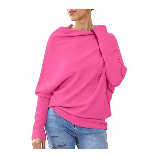 Women Pullover Tops Round Neck Long Sleeve Casual Loose Fit Tops Solid Color Stretchy Casual T-shirt