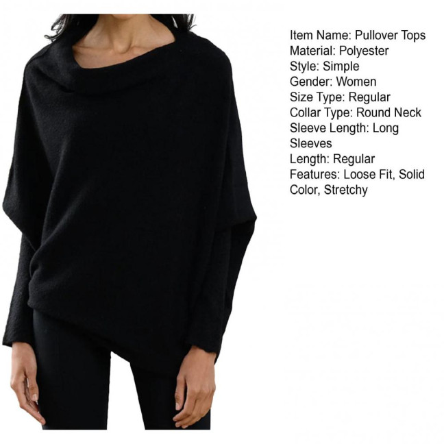 Women Pullover Tops Round Neck Long Sleeve Casual Loose Fit Tops Solid Color Stretchy Casual T-shirt