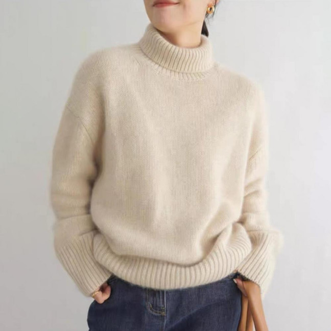 Women Winter Sweater High Collar Long Sleeve Soft Warm Knitting Tops Solid Color Loose Fit Pullover Tops