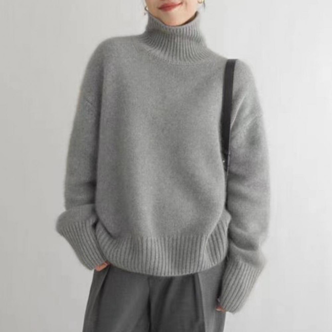 Women Winter Sweater High Collar Long Sleeve Soft Warm Knitting Tops Solid Color Loose Fit Pullover Tops