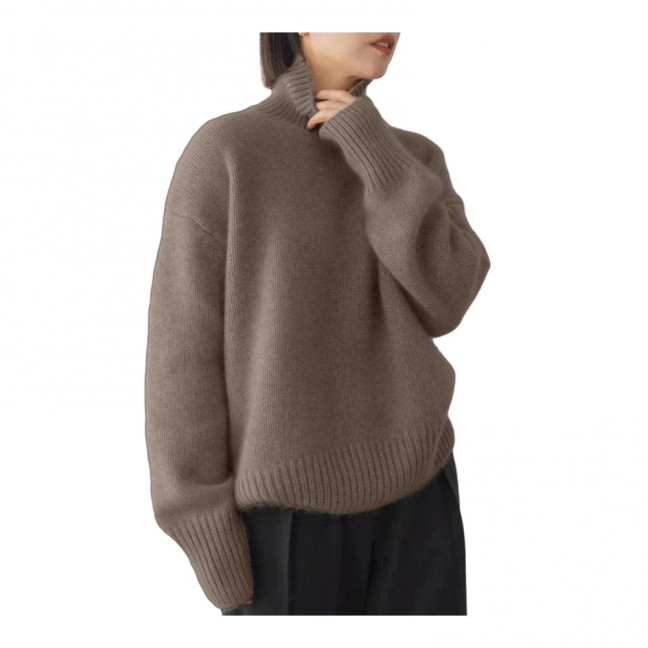 Women Winter Sweater High Collar Long Sleeve Soft Warm Knitting Tops Solid Color Loose Fit Pullover Tops