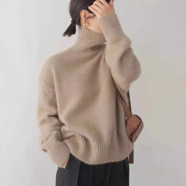 Women Winter Sweater High Collar Long Sleeve Soft Warm Knitting Tops Solid Color Loose Fit Pullover Tops