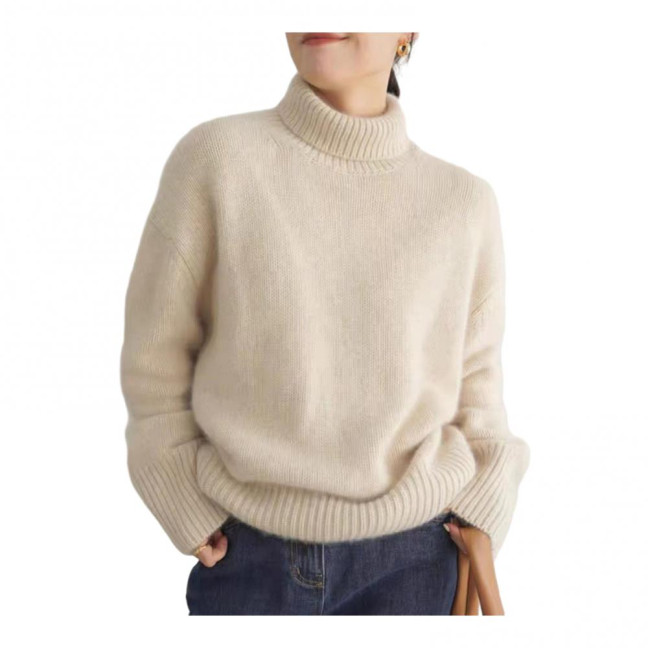 Women Winter Sweater High Collar Long Sleeve Soft Warm Knitting Tops Solid Color Loose Fit Pullover Tops