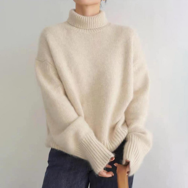 Women Winter Sweater High Collar Long Sleeve Soft Warm Knitting Tops Solid Color Loose Fit Pullover Tops