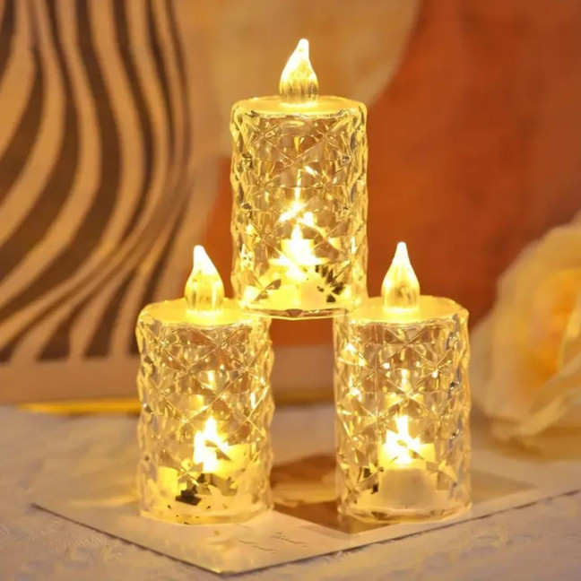 4Pcs Crystal Flameless Candle Lights LED Tealight Candles Battery-Operated Twinkling Light Fake Candles for Weddings Home Decor