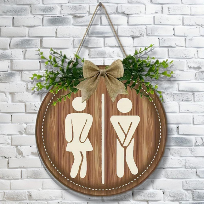 Wooden Toilet Sign Artificial Green Leaves Wall Decor Bathroom Sign Gender Tags Rustic Bathroom Sign with Lanyard for Home Cafe Restaurant Bar