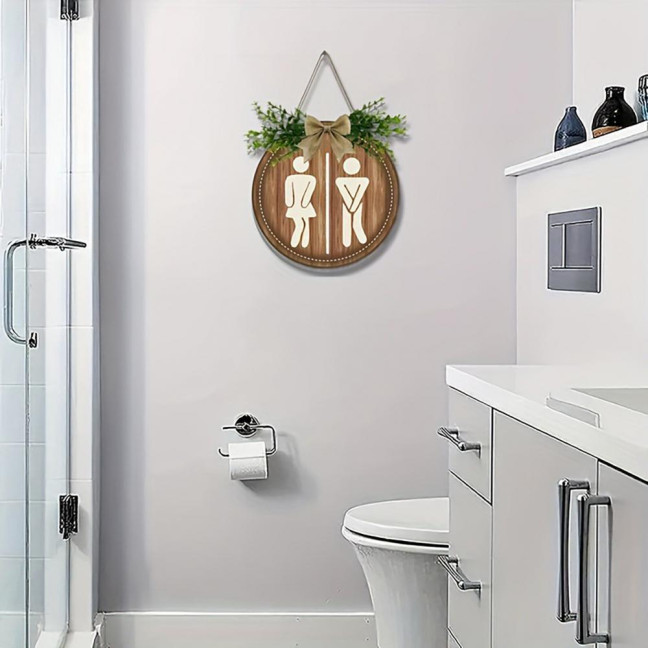 Wooden Toilet Sign Artificial Green Leaves Wall Decor Bathroom Sign Gender Tags Rustic Bathroom Sign with Lanyard for Home Cafe Restaurant Bar