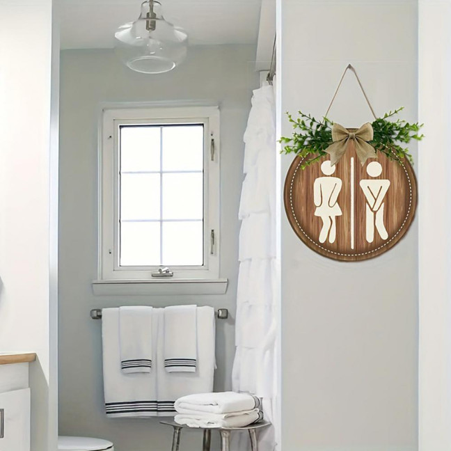 Wooden Toilet Sign Artificial Green Leaves Wall Decor Bathroom Sign Gender Tags Rustic Bathroom Sign with Lanyard for Home Cafe Restaurant Bar