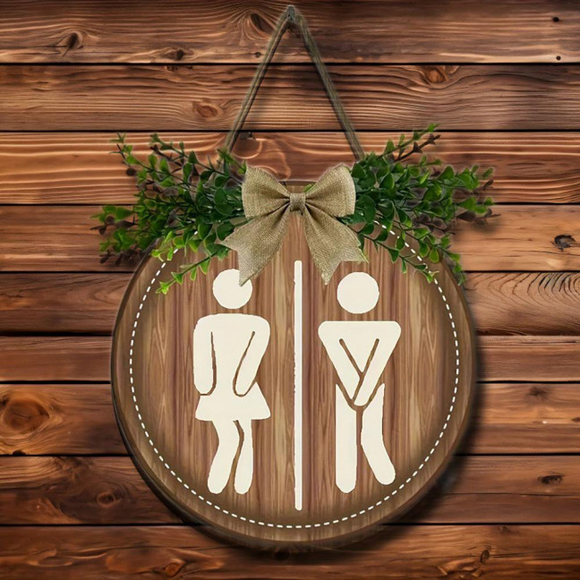 Wooden Toilet Sign Artificial Green Leaves Wall Decor Bathroom Sign Gender Tags Rustic Bathroom Sign with Lanyard for Home Cafe Restaurant Bar