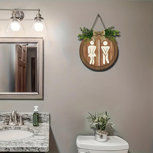 Wooden Toilet Sign Artificial Green Leaves Wall Decor Bathroom Sign Gender Tags Rustic Bathroom Sign with Lanyard for Home Cafe Restaurant Bar