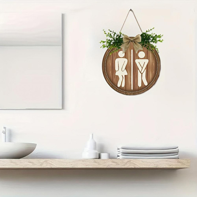 Wooden Toilet Sign Artificial Green Leaves Wall Decor Bathroom Sign Gender Tags Rustic Bathroom Sign with Lanyard for Home Cafe Restaurant Bar