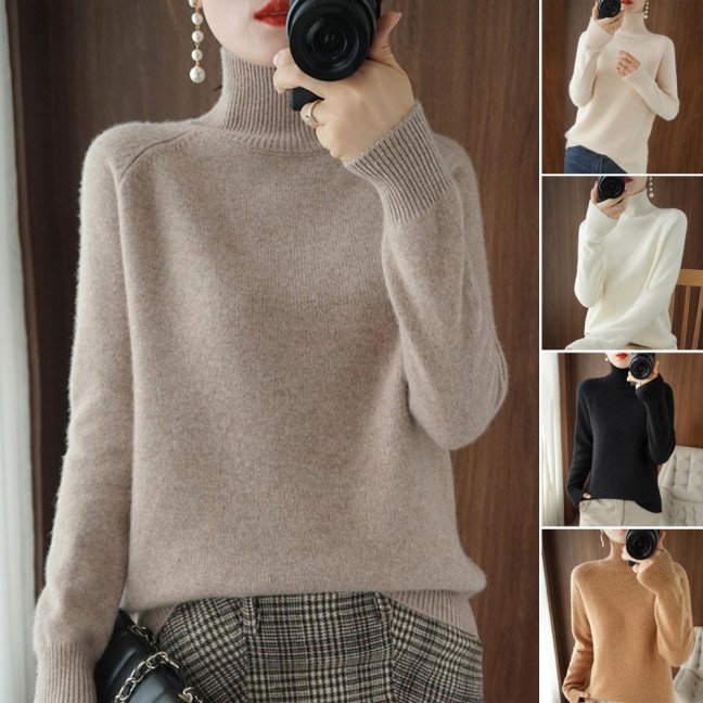 Women Sweater High Collar Long Sleeve Ribbed Trim Knitting Tops Solid Color Loose Fit Thickened Bottoming Tops