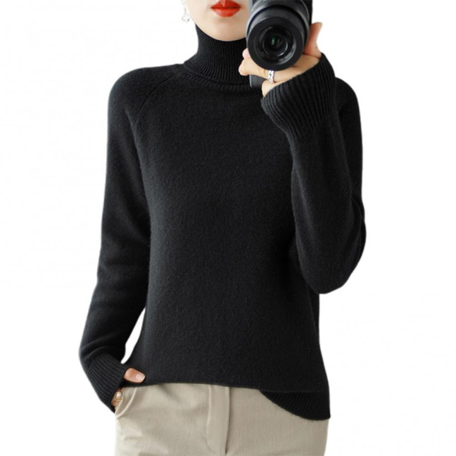 Women Sweater High Collar Long Sleeve Ribbed Trim Knitting Tops Solid Color Loose Fit Thickened Bottoming Tops