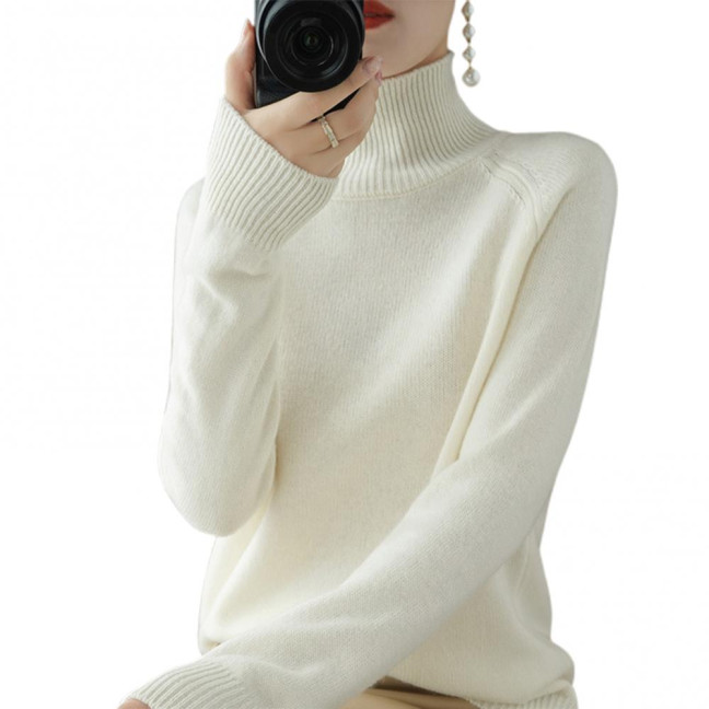 Women Sweater High Collar Long Sleeve Ribbed Trim Knitting Tops Solid Color Loose Fit Thickened Bottoming Tops