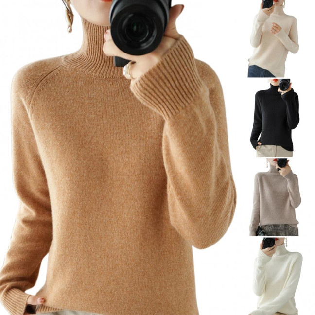 Women Sweater High Collar Long Sleeve Ribbed Trim Knitting Tops Solid Color Loose Fit Thickened Bottoming Tops