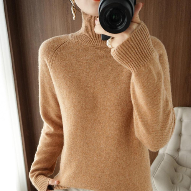 Women Sweater High Collar Long Sleeve Ribbed Trim Knitting Tops Solid Color Loose Fit Thickened Bottoming Tops