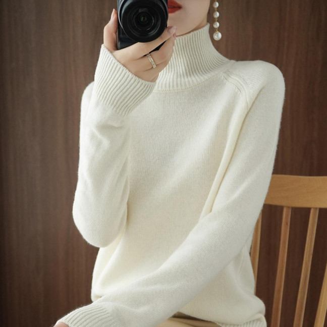 Women Sweater High Collar Long Sleeve Ribbed Trim Knitting Tops Solid Color Loose Fit Thickened Bottoming Tops