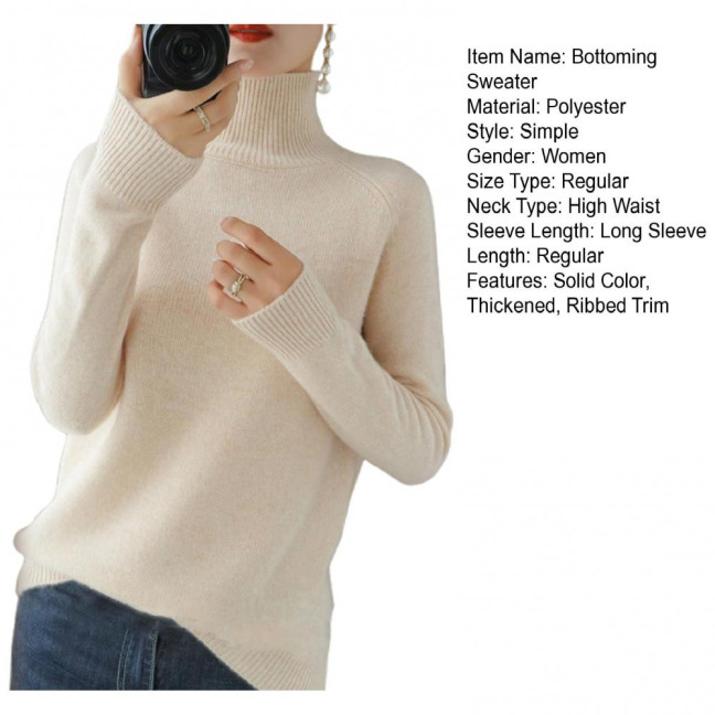 Women Sweater High Collar Long Sleeve Ribbed Trim Knitting Tops Solid Color Loose Fit Thickened Bottoming Tops