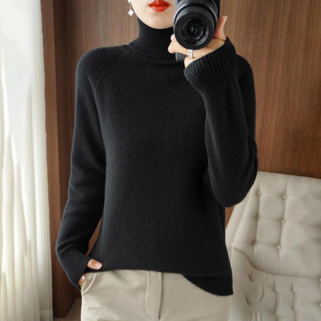 Women Sweater High Collar Long Sleeve Ribbed Trim Knitting Tops Solid Color Loose Fit Thickened Bottoming Tops