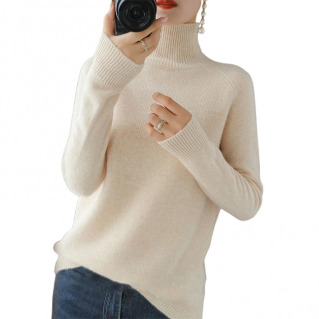 Women Sweater High Collar Long Sleeve Ribbed Trim Knitting Tops Solid Color Loose Fit Thickened Bottoming Tops