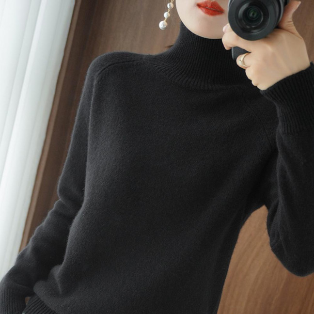 Women Sweater High Collar Long Sleeve Ribbed Trim Knitting Tops Solid Color Loose Fit Thickened Bottoming Tops