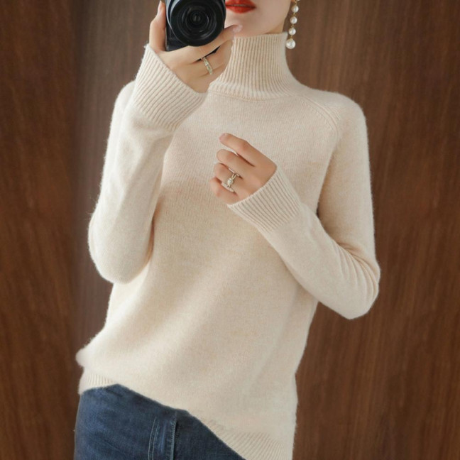 Women Sweater High Collar Long Sleeve Ribbed Trim Knitting Tops Solid Color Loose Fit Thickened Bottoming Tops