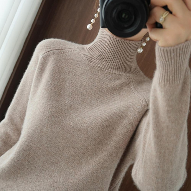 Women Sweater High Collar Long Sleeve Ribbed Trim Knitting Tops Solid Color Loose Fit Thickened Bottoming Tops