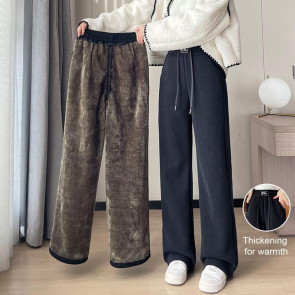 Women Corduroy Pants Elastic High Waist Straight Wide Leg Long Trousers Solid Color Thickened Fleece Lined Pants