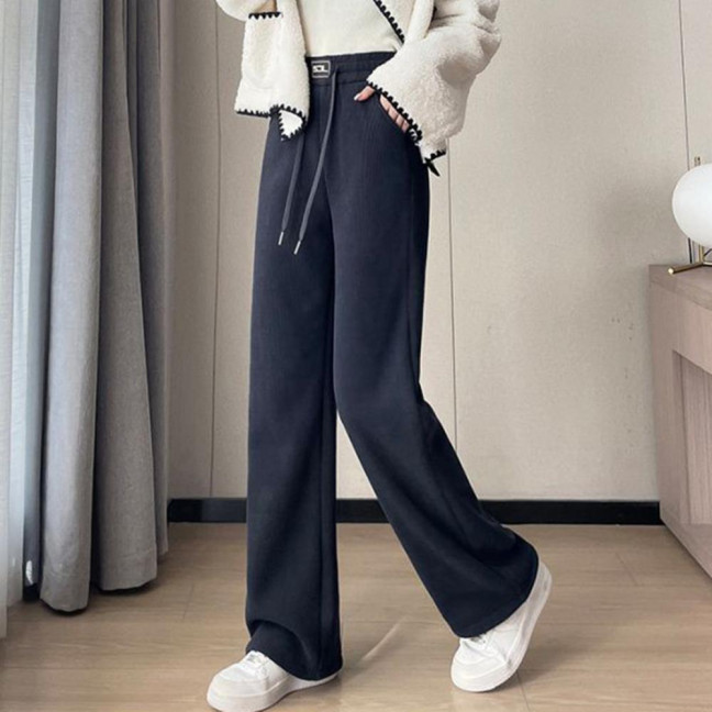 Women Corduroy Pants Elastic High Waist Straight Wide Leg Long Trousers Solid Color Thickened Fleece Lined Pants Women Corduroy Pants Elastic High Waist Straight Wide Leg Long Trousers Solid Color Thickened Fleece Lined Pants