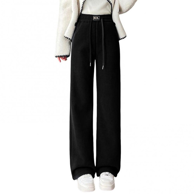 Women Corduroy Pants Elastic High Waist Straight Wide Leg Long Trousers Solid Color Thickened Fleece Lined Pants Women Corduroy Pants Elastic High Waist Straight Wide Leg Long Trousers Solid Color Thickened Fleece Lined Pants