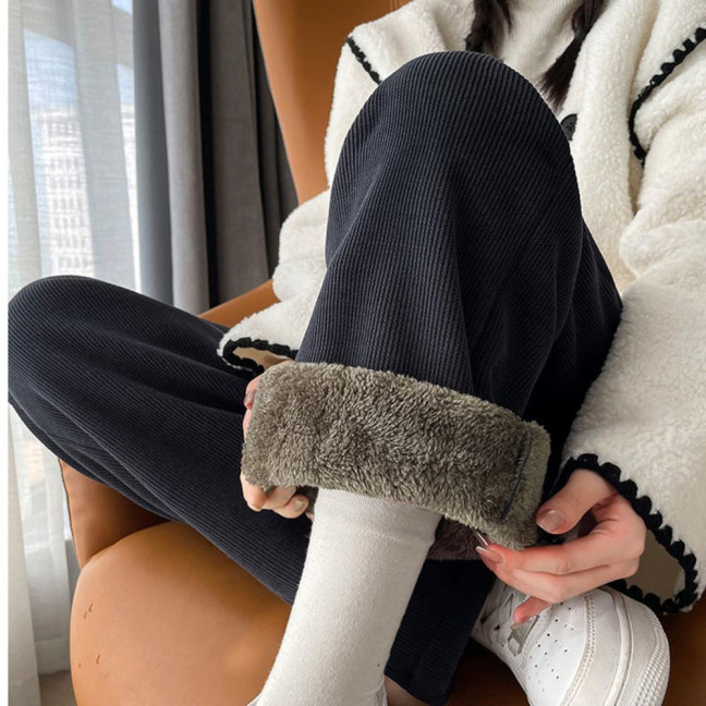 Women Corduroy Pants Elastic High Waist Straight Wide Leg Long Trousers Solid Color Thickened Fleece Lined Pants Women Corduroy Pants Elastic High Waist Straight Wide Leg Long Trousers Solid Color Thickened Fleece Lined Pants