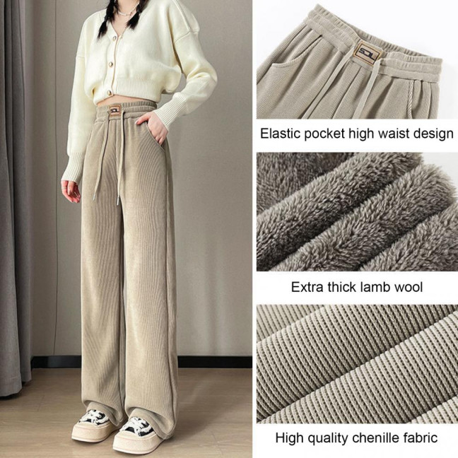Women Corduroy Pants Elastic High Waist Straight Wide Leg Long Trousers Solid Color Thickened Fleece Lined Pants Women Corduroy Pants Elastic High Waist Straight Wide Leg Long Trousers Solid Color Thickened Fleece Lined Pants
