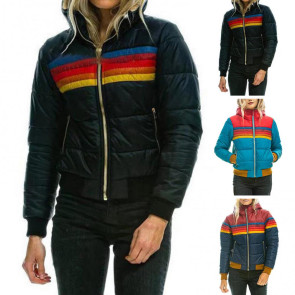 Winter Cotton Coat with Pockets Coloblock Zipper Closure Hooded Padded Windproof Cardiagn Short Type Elastic Cuffs And Hem Cotton Jacket 