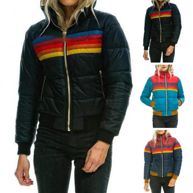 Winter Cotton Coat with Pockets Coloblock Zipper Closure Hooded Padded Windproof Cardiagn Short Type Elastic Cuffs And Hem Cotton Jacket 