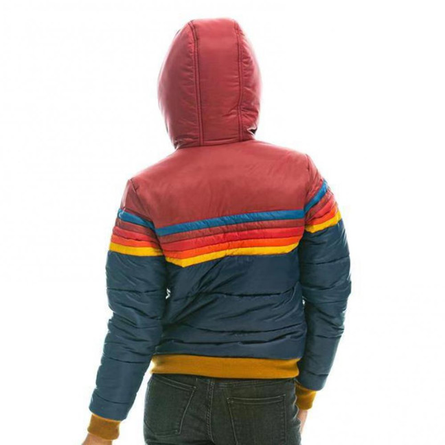 Winter Cotton Coat with Pockets Coloblock Zipper Closure Hooded Padded Windproof Cardiagn Short Type Elastic Cuffs And Hem Cotton Jacket 