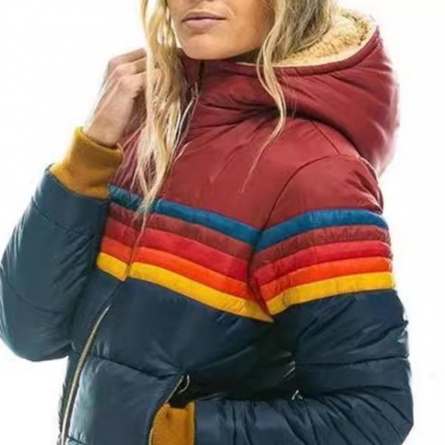 Winter Cotton Coat with Pockets Coloblock Zipper Closure Hooded Padded Windproof Cardiagn Short Type Elastic Cuffs And Hem Cotton Jacket 