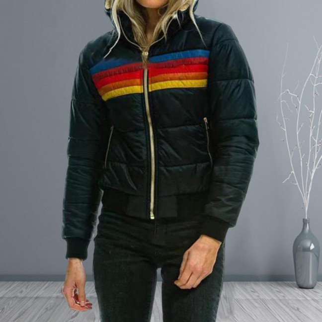 Winter Cotton Coat with Pockets Coloblock Zipper Closure Hooded Padded Windproof Cardiagn Short Type Elastic Cuffs And Hem Cotton Jacket 