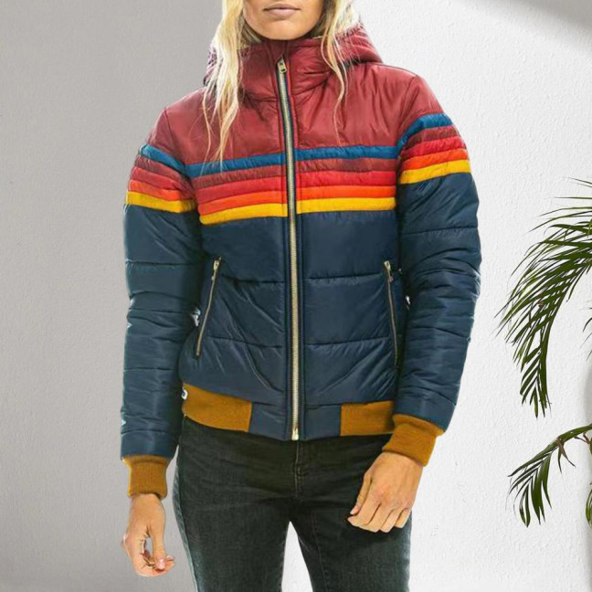 Winter Cotton Coat with Pockets Coloblock Zipper Closure Hooded Padded Windproof Cardiagn Short Type Elastic Cuffs And Hem Cotton Jacket 