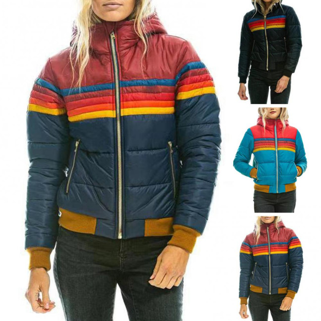 Winter Cotton Coat with Pockets Coloblock Zipper Closure Hooded Padded Windproof Cardiagn Short Type Elastic Cuffs And Hem Cotton Jacket 