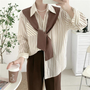 Women Shirt Lapel Long Sleeve Vertical Stripe Print Fake Two Pieces Shirt Tops Regular Fit French Style Shirt