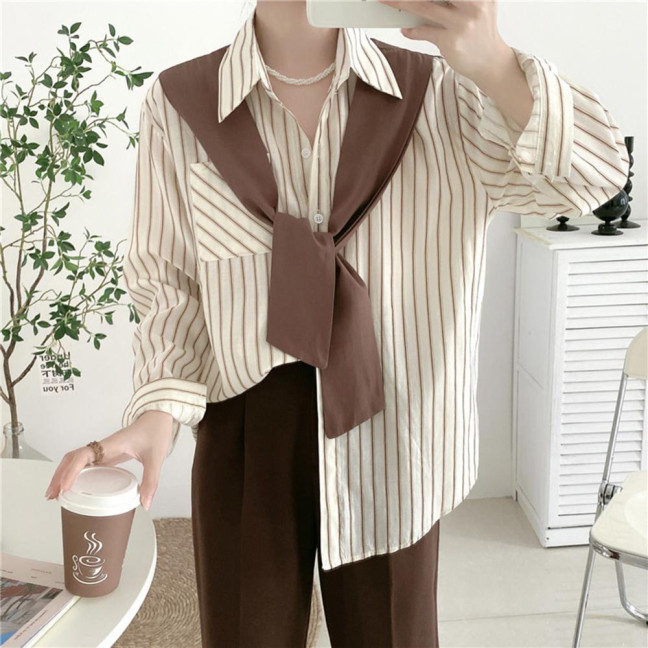 Women Shirt Lapel Long Sleeve Vertical Stripe Print Fake Two Pieces Shirt Tops Regular Fit French Style Shirt