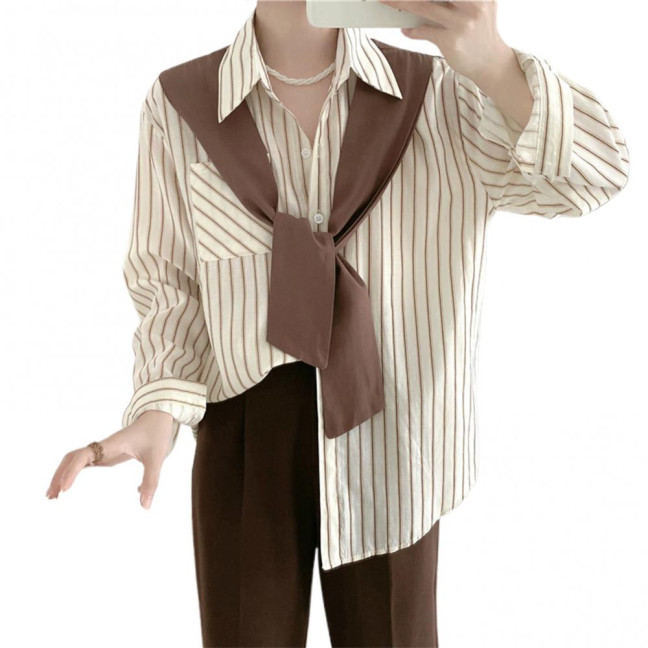 Women Shirt Lapel Long Sleeve Vertical Stripe Print Fake Two Pieces Shirt Tops Regular Fit French Style Shirt