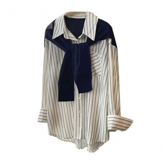 Women Shirt Lapel Long Sleeve Vertical Stripe Print Fake Two Pieces Shirt Tops Regular Fit French Style Shirt