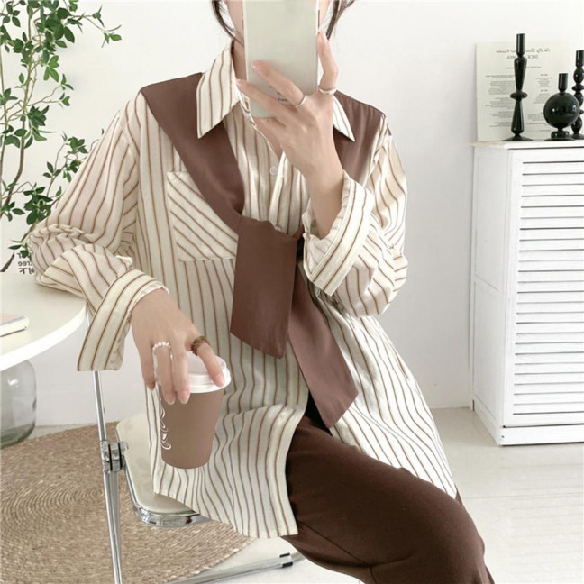 Women Shirt Lapel Long Sleeve Vertical Stripe Print Fake Two Pieces Shirt Tops Regular Fit French Style Shirt
