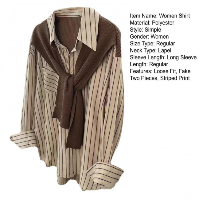 Women Shirt Lapel Long Sleeve Vertical Stripe Print Fake Two Pieces Shirt Tops Regular Fit French Style Shirt